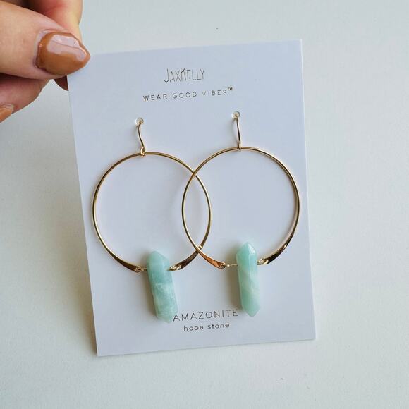 Amazonite Aqua Mint Gold Handmade Boho Gemstone Crystal Hoop Earrings Hoops - Picture 5 of 7